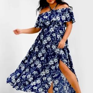 BloomChic Navy Floral Print Off The Shoulder Polyester Dress Size 18-20